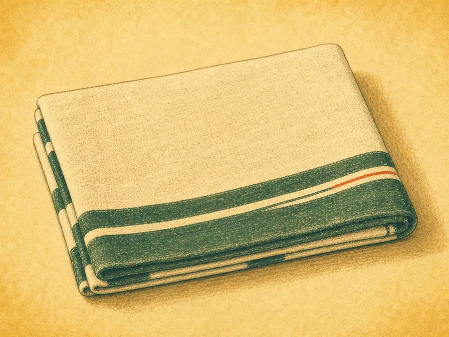 A folded commemorative tenugui hand towel with a green and red striped border.