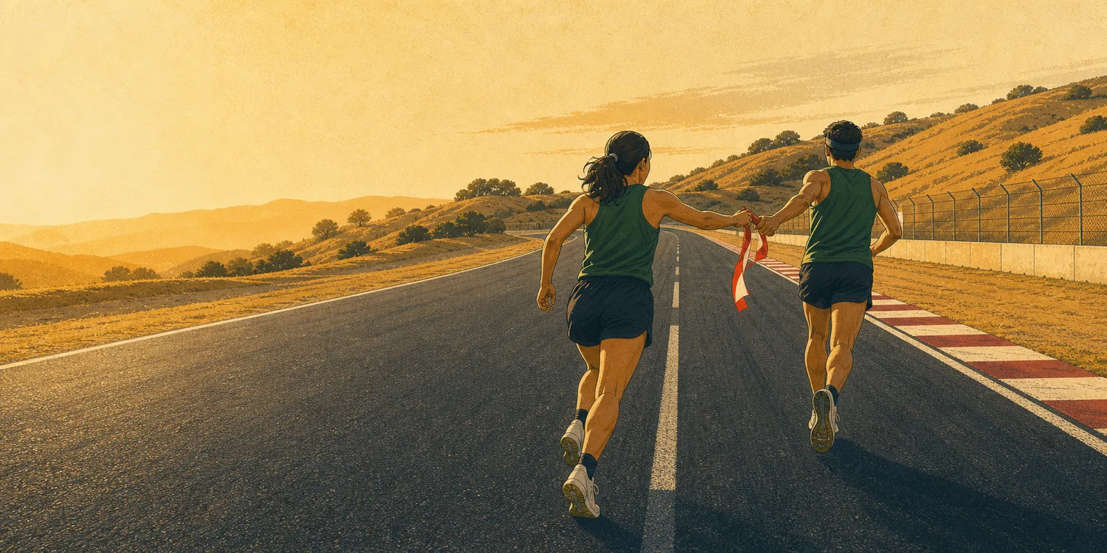 Two runners in Monterey Ekiden green singlets passing a tasuki sash at golden hour on the Laguna Seca track, hills behind.