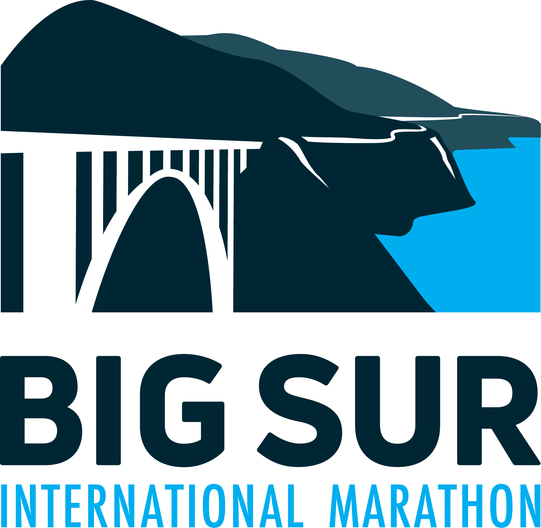 Big Sur International Marathon logo, the Bixby Bridge above the Pacific.